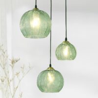 3-Light Glass Globe Pendant Light Kitchen Island, Mid-Century Modern Pendant Ball Chandelier with Green Ribbed, Vintage Hanging Ceiling Light Fixture for Dining Room, Over Sink, Table