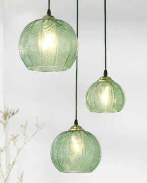 3-Light Glass Globe Pendant Light Kitchen Island, Mid-Century Modern Pendant Ball Chandelier with Green Ribbed, Vintage Hanging Ceiling Light Fixture for Dining Room, Over Sink, Table