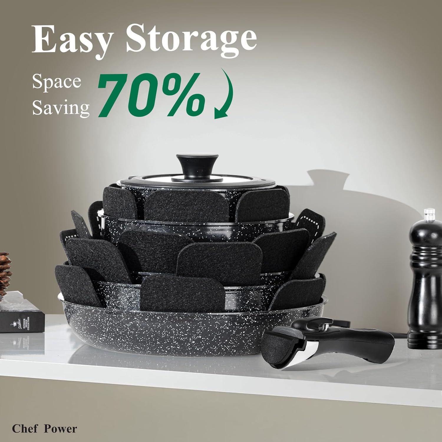 Chef Power Ceramic Nonstick Cookware Set 19 Piece with Detachable Handle, Induction Dishwasher Oven Safe Pans and Pots Set, RV Kitchen Set Removable Handle, Rock Stone Black - Image 6