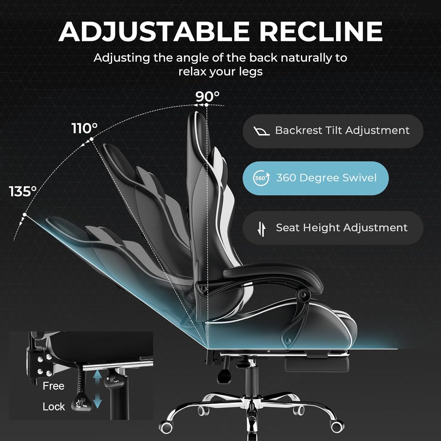 GTPLAYER Gaming Chair, Computer Chair with Footrest and Lumbar Support, Height Adjustable Game Chair with 360°-Swivel Seat and Headrest and for Office or Gaming (Pearl White) - Image 5