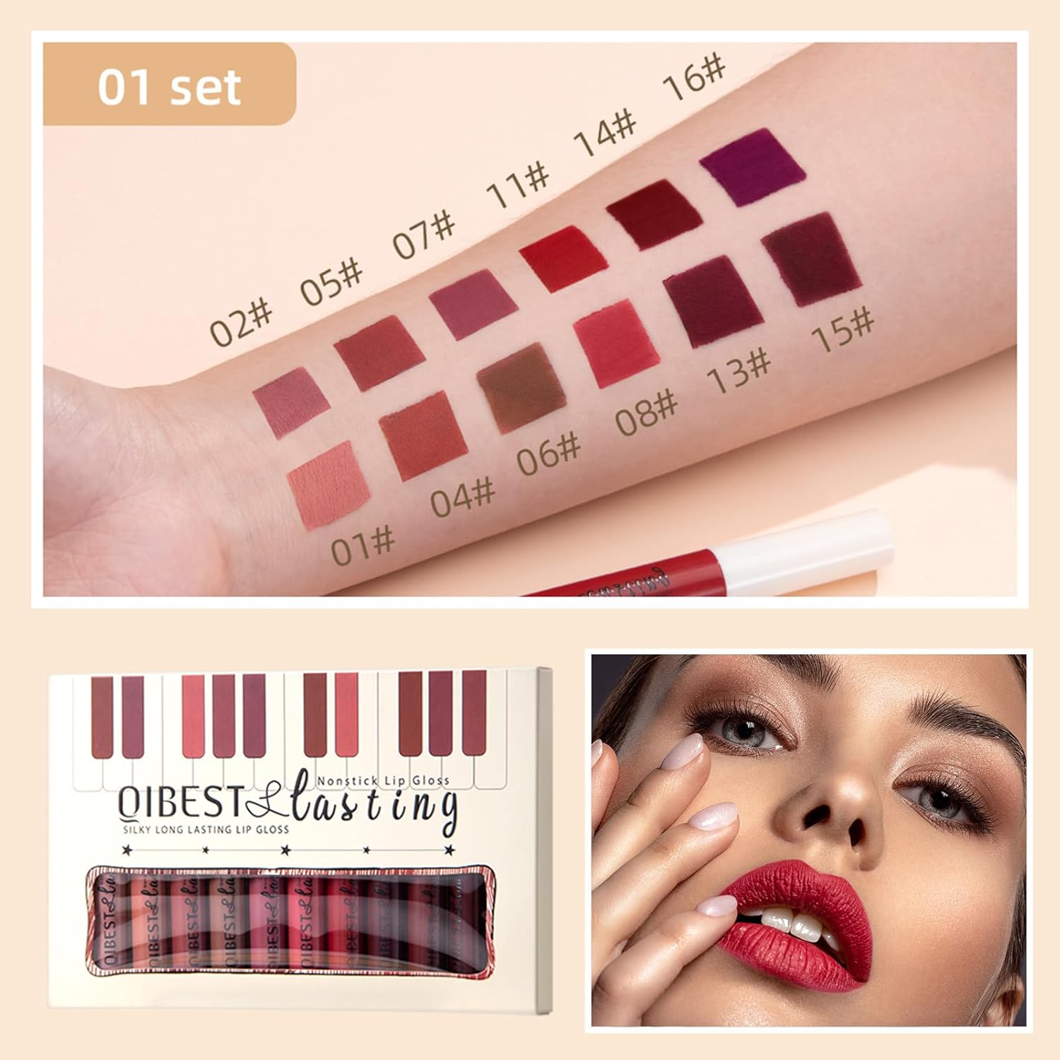 QiBest 12Pcs Matte Liquid Lipstick Set for Girls & Women, 24 Hours Long Lasting Waterproof Nude & Dark Red Lip Gloss Makeup Gift Kits, Velvet Non-Stick Cup Mate Duracion 24 Horas Originales Lip Stains - Image 6