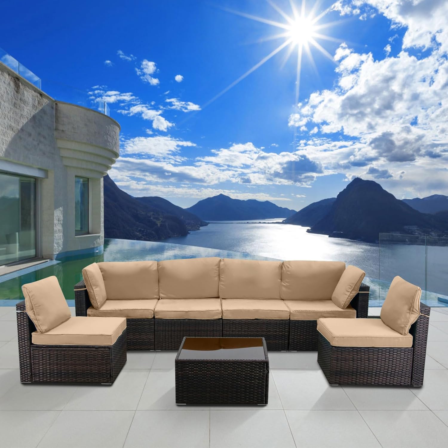 LEVELEVE 7 Pieces Outdoor Patio Furniture Sets,Rattan Conversation Sectional Set,Manual Weaving Wicker Patio Sofa with Tea Table - Image 3