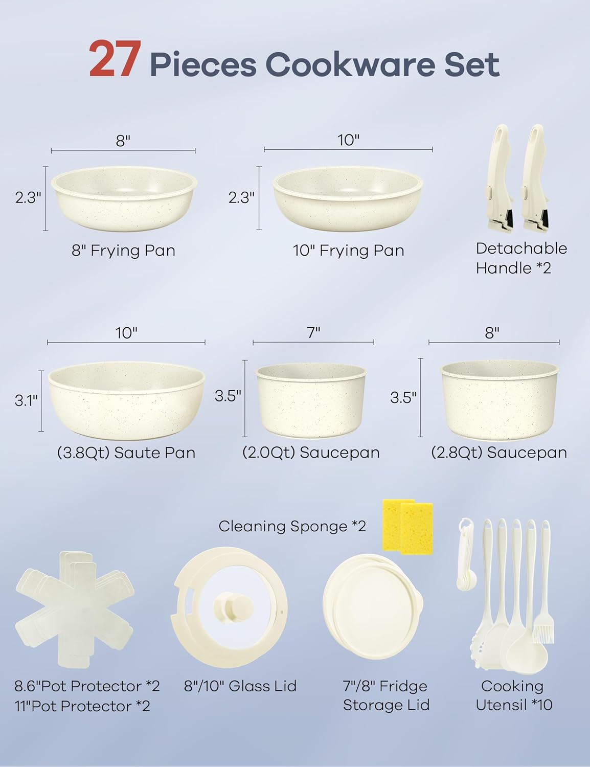 Ganiza 27pcs Nonstick Cookware Set, Pots and Pans Set Non Stick Detachable Handle, Non Toxic Cookware Sets Induction, Pots and Pans with Removable Handles, RV Cooking Set, Oven/Dishwasher Safe - Image 4