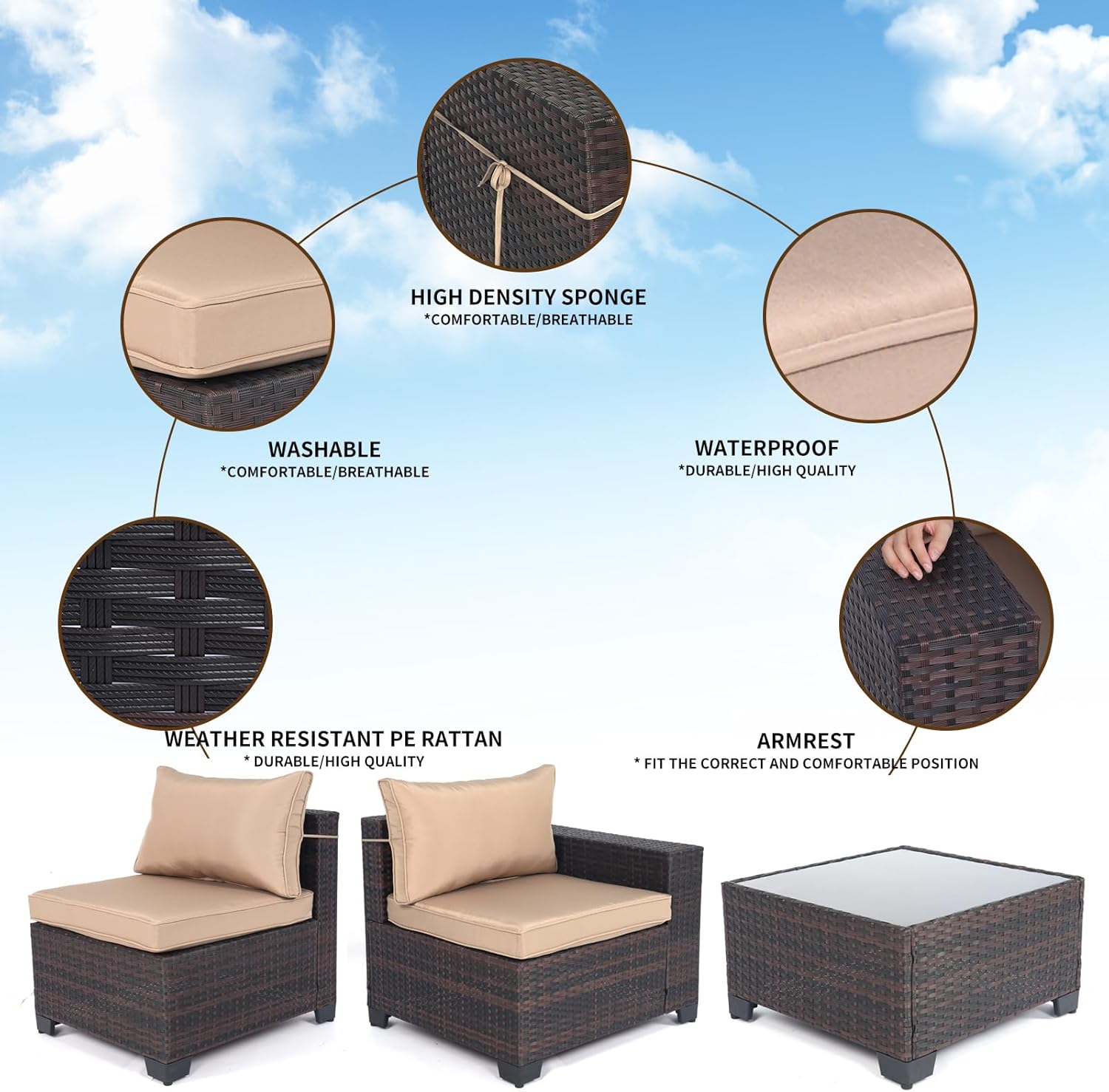 LEVELEVE 7 Pieces Outdoor Patio Furniture Sets,Rattan Conversation Sectional Set,Manual Weaving Wicker Patio Sofa with Tea Table - Image 5