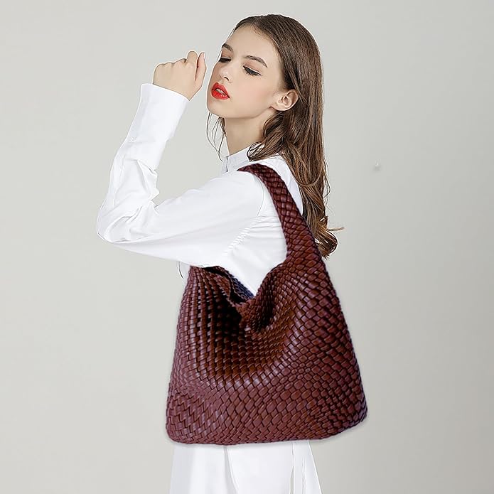 Women Vegan Leather Hand-Woven Tote Handbag Fashion Shoulder Top-handle Bag All-Match Underarm Bag with Purse - Image 3