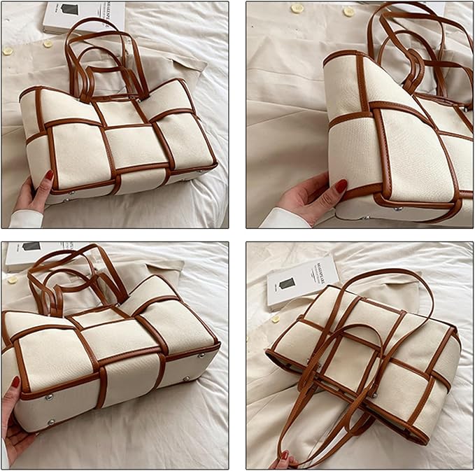 Women Large Leather Woven Shoulder Bag Crossbody Bag,Ladies Top Handle Satchel Tote Work Bag with Matching Clutch - Image 2