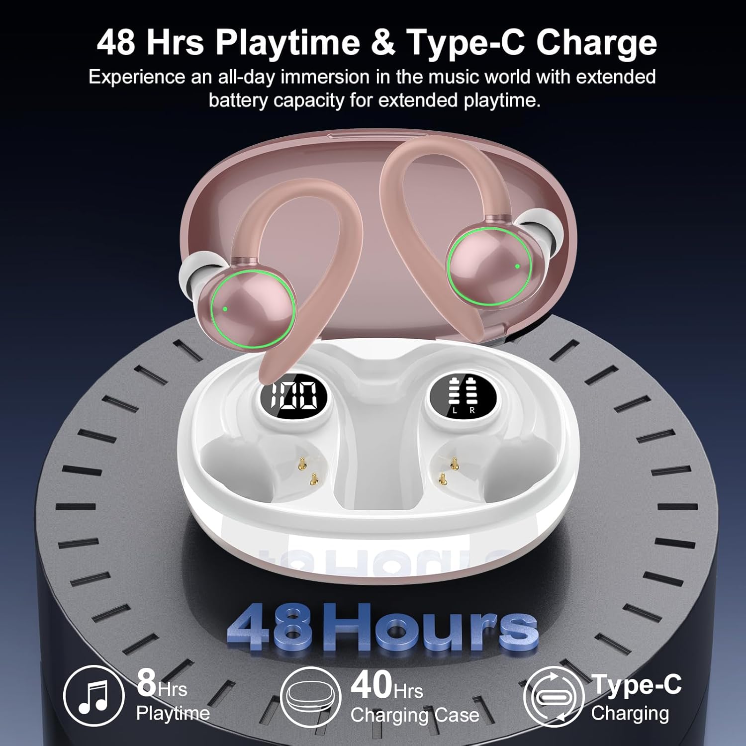 Wireless Earbuds, Bluetooth 5.3 Headphones Sport, Over Ear Buds With ENC Noise Cancelling Mic, 48H, Wireless Earphone With Earhooks, Deep Bass, IP7 Waterproof Headset for Workout Running, Rose Gold - Image 5