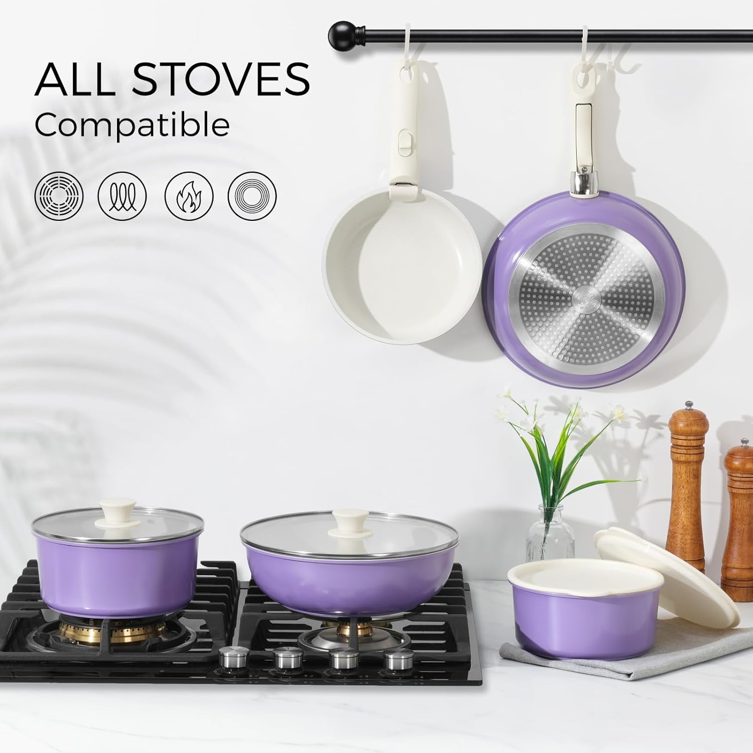 15Pcs Pots and Pans Set Non Stick, Cookware Sets with Detachable Handle, Nonstick RV Kitchen Cooking Tools Removable Handles, Oven Safe, Induction Fast, Stackable Induction Cookware, Purple - Image 5