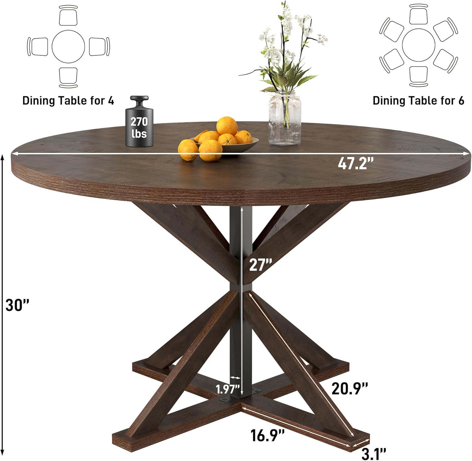 Round Wood Dining Table for Kitchen,Dining Room,Living Room,Farmhouse Dinner Tables W/Thickened Brown Wooden Waterproof Tabletop for 4 People,47 inch Rustic Kitchen Table W/Metal Support - Image 6