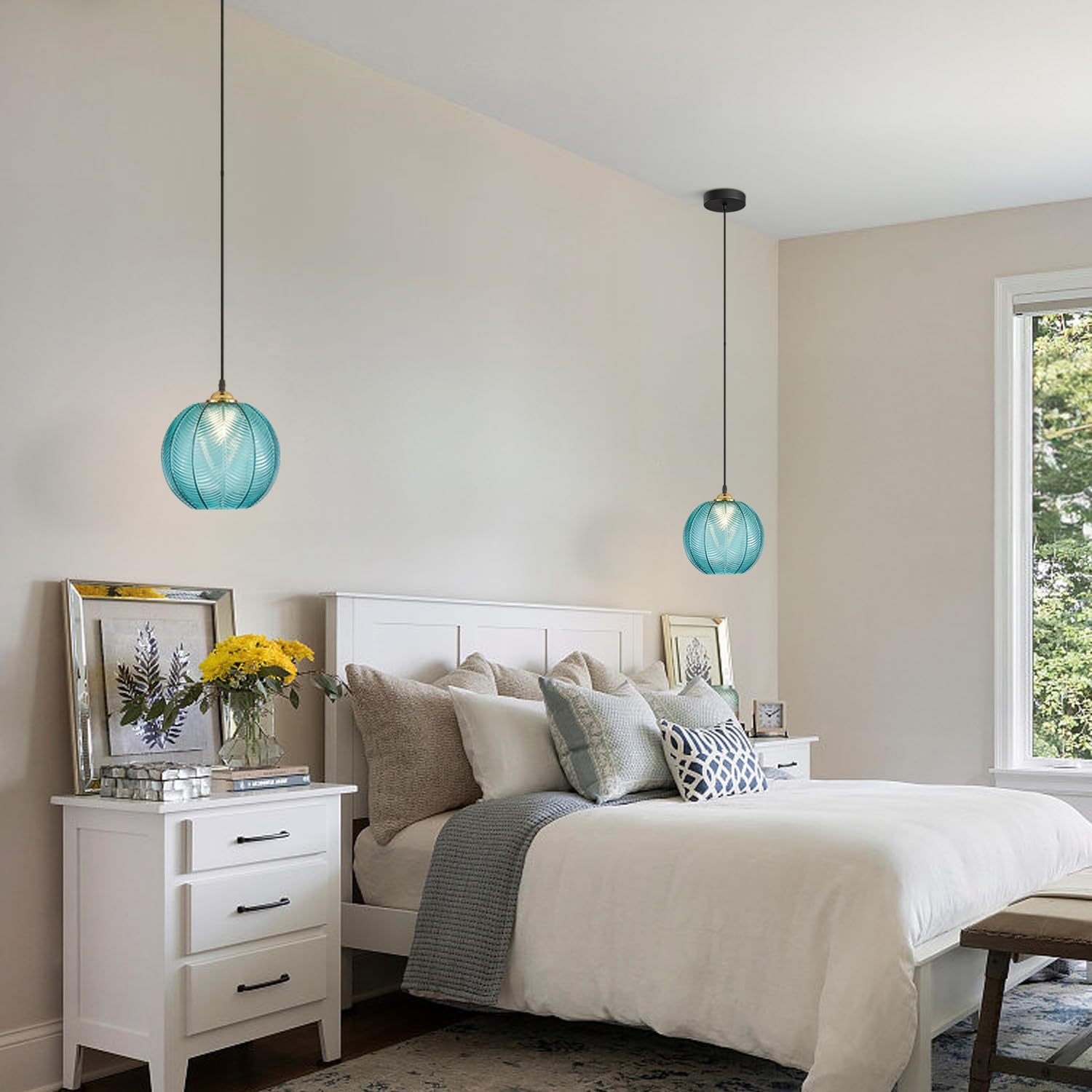 KCO Lighting Nordic Blue Glass Pendant Light Vintage Ribbed Glass Pendant Light Modern Large Globe Chandelier Mid Century Black Kitchen Island Pendant Lighting Over Island 2 Pack - Image 2