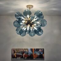 Blue Glass Globe Chandelier Mid-Century Modern Semi Flush Mount Ceiling Light Bubble Ball Light Fixture Gold Sputnik Pendant Light for Dining Room Bedroom - Image 2