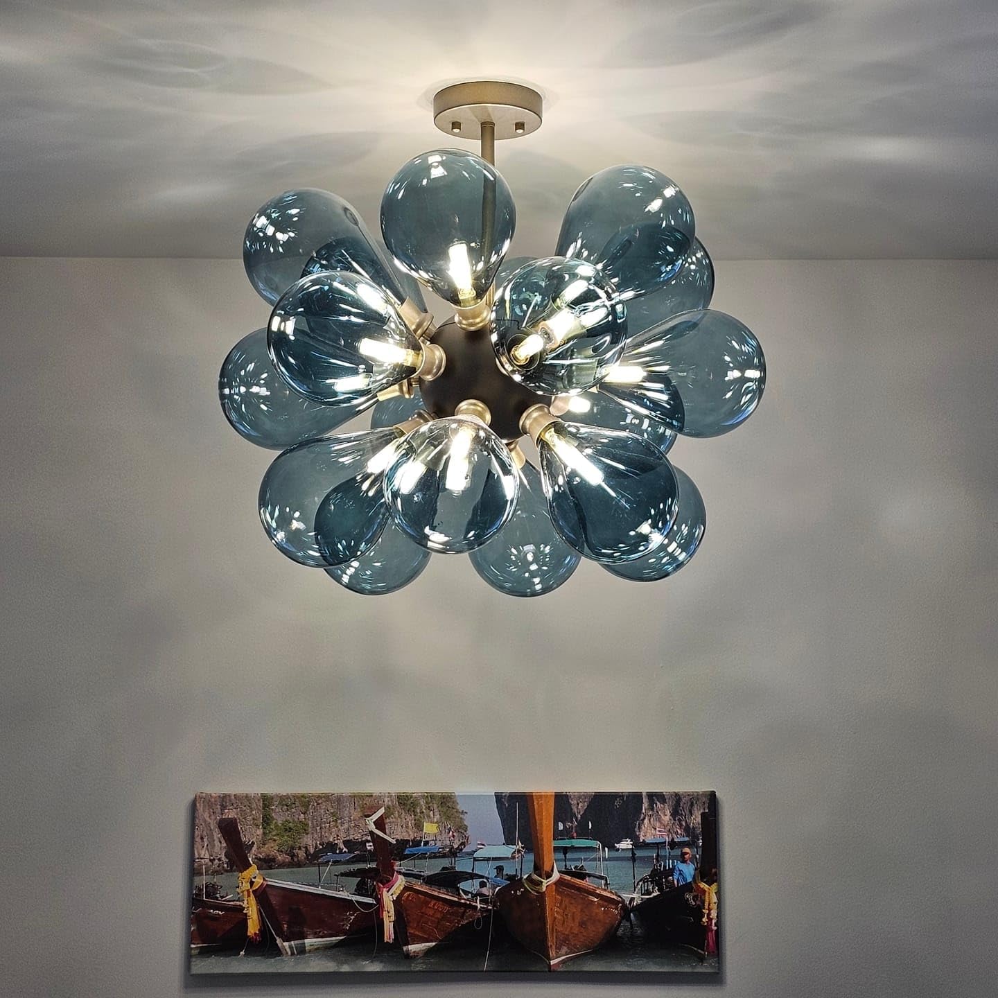 Blue Glass Globe Chandelier Mid-Century Modern Semi Flush Mount Ceiling Light Bubble Ball Light Fixture Gold Sputnik Pendant Light for Dining Room Bedroom - Image 2