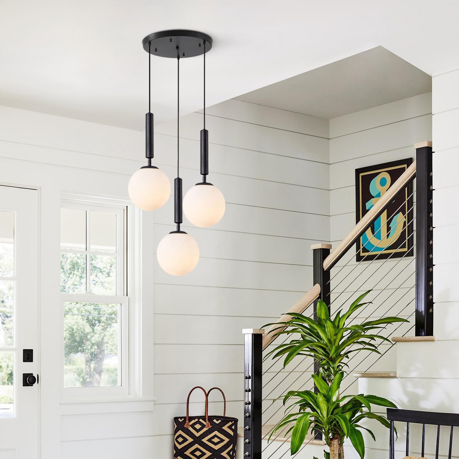 KCO Lighting 3 Light Globe Cluster Pendant Light Modern Large Milk Glass Chandelier Mid Century Black Cluster Chandelier Pendant Lighting Vintage Multi Light Hanging Ceiling Fixture - Image 3