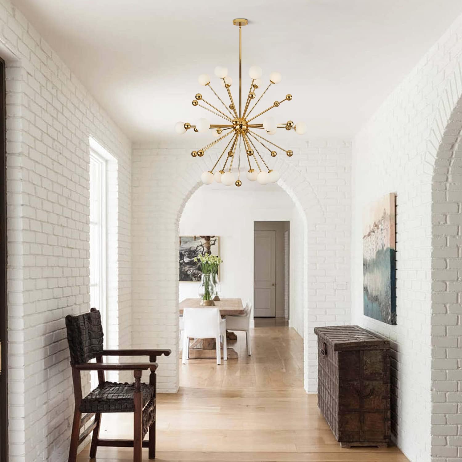 KCO Lighting Modern Gold Globe Sputnik Chandelier 18-Light Milk Glass Ball Round Pendant Lighting Mid Century Contemporary Starburst Chandelier Kitchen Island Dining Lights Fixture (18-Light) - Image 3