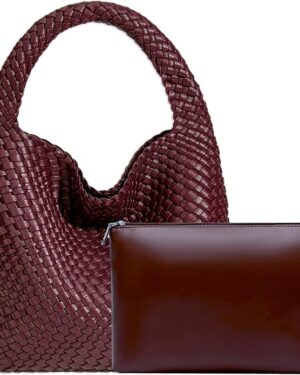 Women Vegan Leather Hand-Woven Tote Handbag Fashion Shoulder Top-handle Bag All-Match Underarm Bag with Purse