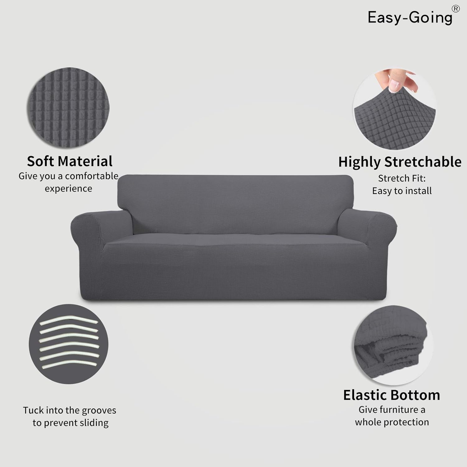 Easy-Going Stretch 4 Seater Sofa Slipcover 1-Piece Sofa Cover Furniture Protector Couch Soft with Elastic Bottom for Kids, Polyester Spandex Jacquard Fabric Small Checks Gray - Image 5