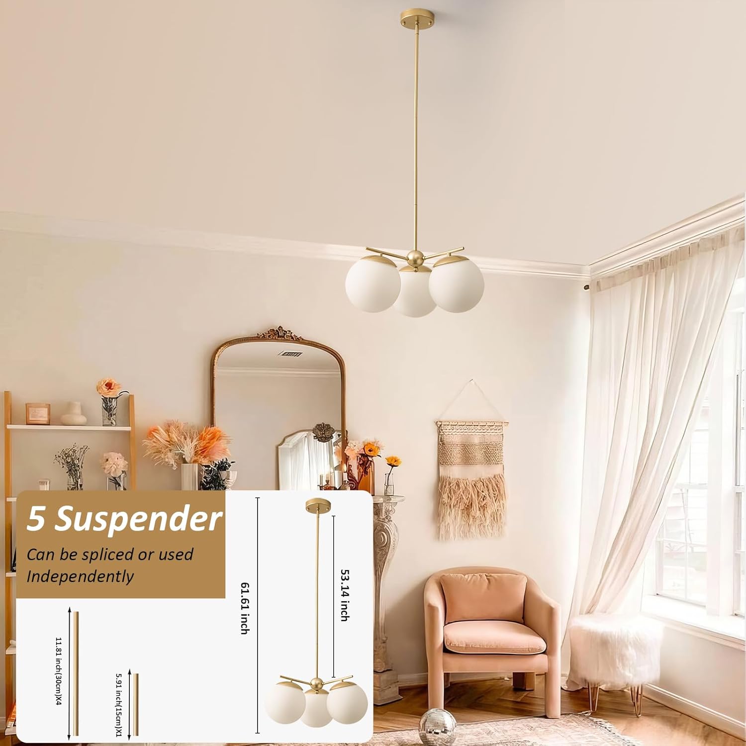 Globe Sputnik Chandelier Light Fixture 3-Light Milk White Glass Pendant Light Nordic Mid-Century Modern Ball Chandelier for Dining Room,Island,Bedroom,Living Room,Height Adjustable - Image 2