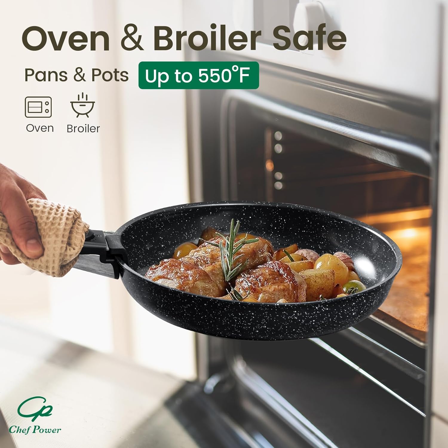 Chef Power Ceramic Nonstick Cookware Set 19 Piece with Detachable Handle, Induction Dishwasher Oven Safe Pans and Pots Set, RV Kitchen Set Removable Handle, Rock Stone Black - Image 3