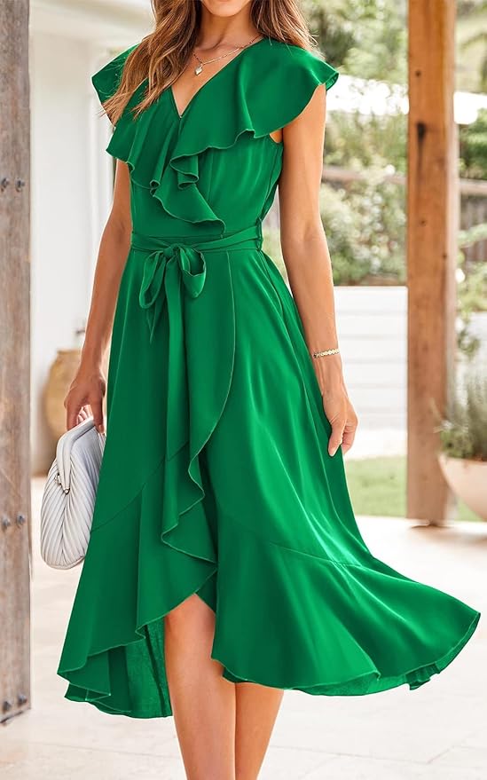 PRETTYGARDEN Women's 2025 Summer Cross Midi Dress Casual Boho Deep V Neck Short Sleeve Ruffle Hem Split Beach Long Dresses - Image 2
