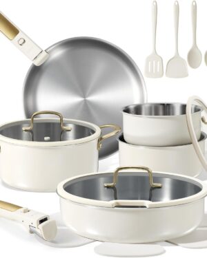 CAROTE 19pcs Tri-Ply Stainless Steel Cookware Set with Detachable Handle, Pots and Pans Set, Induction Kitchen Cooking Sets, RV/Camping Cookware, Outer Ceramic Layer, Oven Safe, Cream White