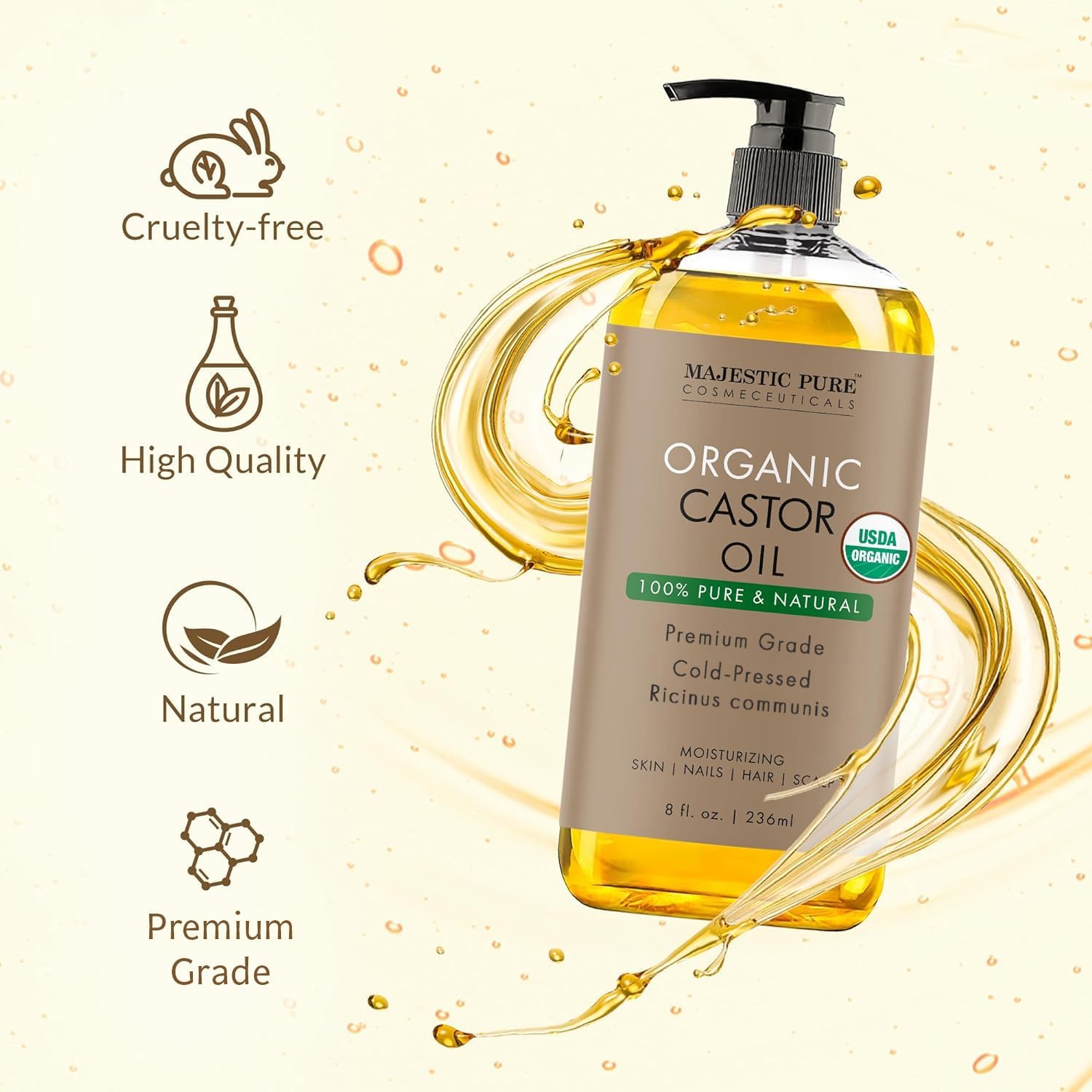 Majestic Pure USDA Organic Castor Oil - 100% Pure & Natural - Premium Grade, Cold Pressed, Hexane Free - Hair, Eyelashes, Eyebrows, Nails - Moisturizing & Nourishing - 8 Fl Oz - Image 7