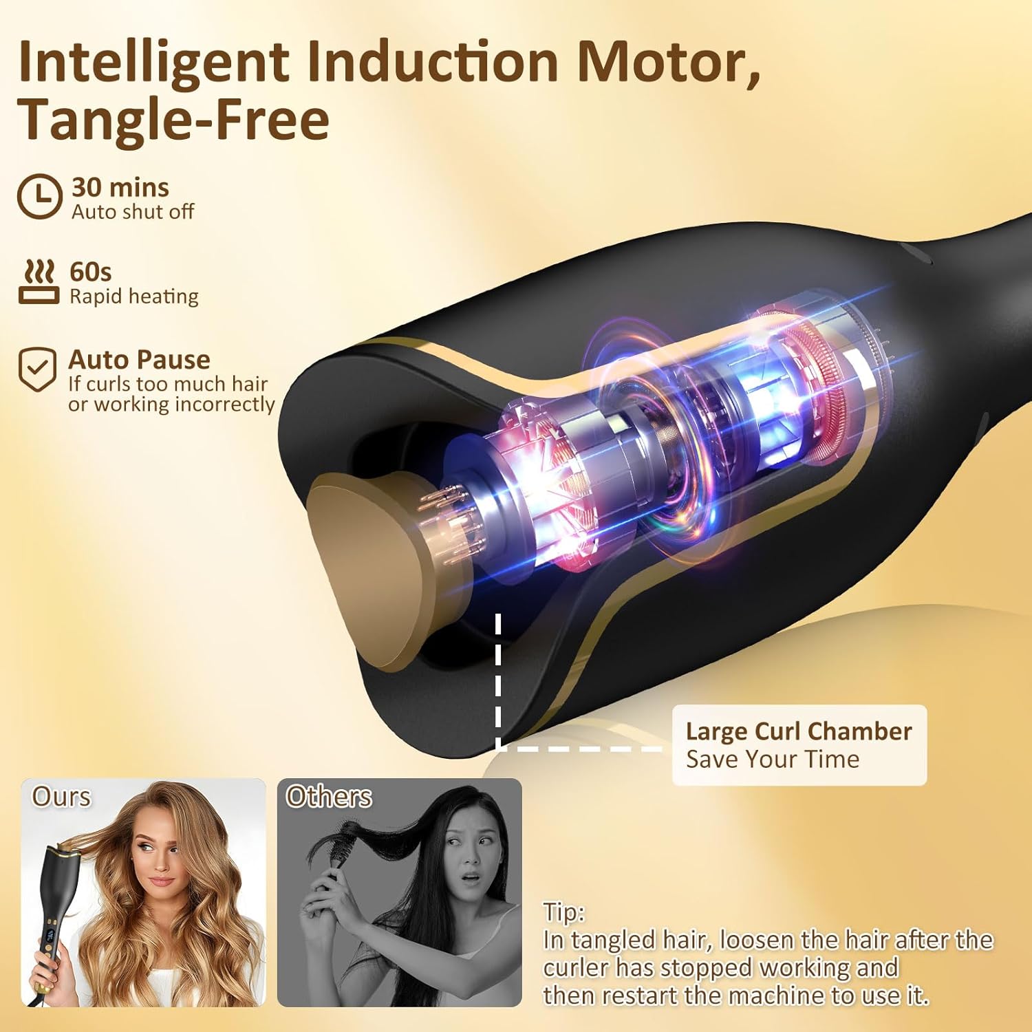 Automatic Curling Iron, Hair Curler 1" Large Slot, 4 Temperature Settings, 12s-19s Timers, Dual Voltage, Anti-Scald, Anti-Tangle, Auto Shut-Off, LCD Display, Fast Heating Easy for Use, Black - Image 8