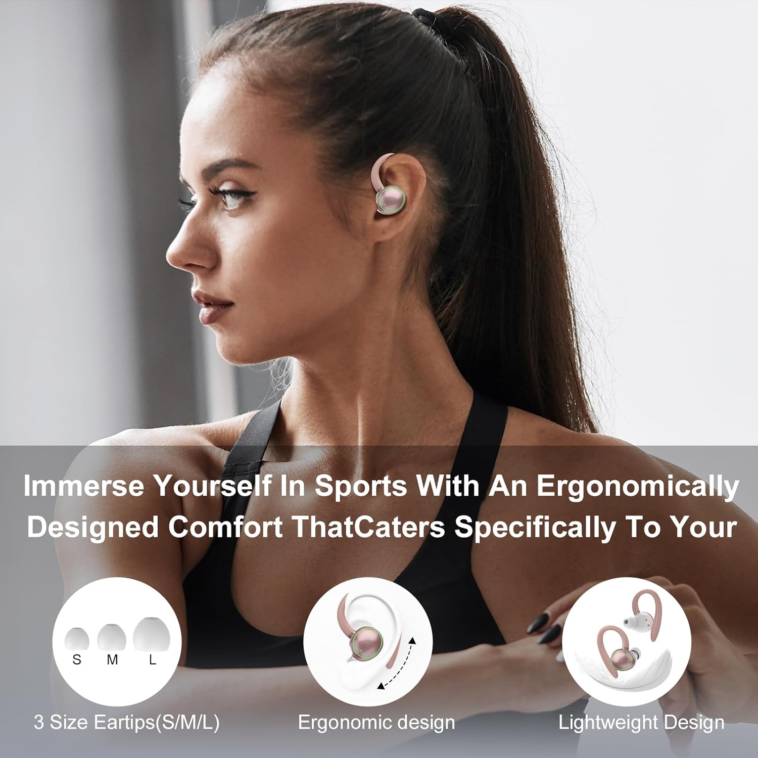 Wireless Earbuds, Bluetooth 5.3 Headphones Sport, Over Ear Buds With ENC Noise Cancelling Mic, 48H, Wireless Earphone With Earhooks, Deep Bass, IP7 Waterproof Headset for Workout Running, Rose Gold - Image 4