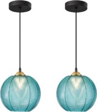 KCO Lighting Nordic Blue Glass Pendant Light Vintage Ribbed Glass Pendant Light Modern Large Globe Chandelier Mid Century Black Kitchen Island Pendant Lighting Over Island 2 Pack