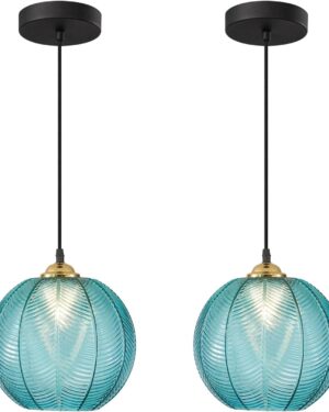 KCO Lighting Nordic Blue Glass Pendant Light Vintage Ribbed Glass Pendant Light Modern Large Globe Chandelier Mid Century Black Kitchen Island Pendant Lighting Over Island 2 Pack