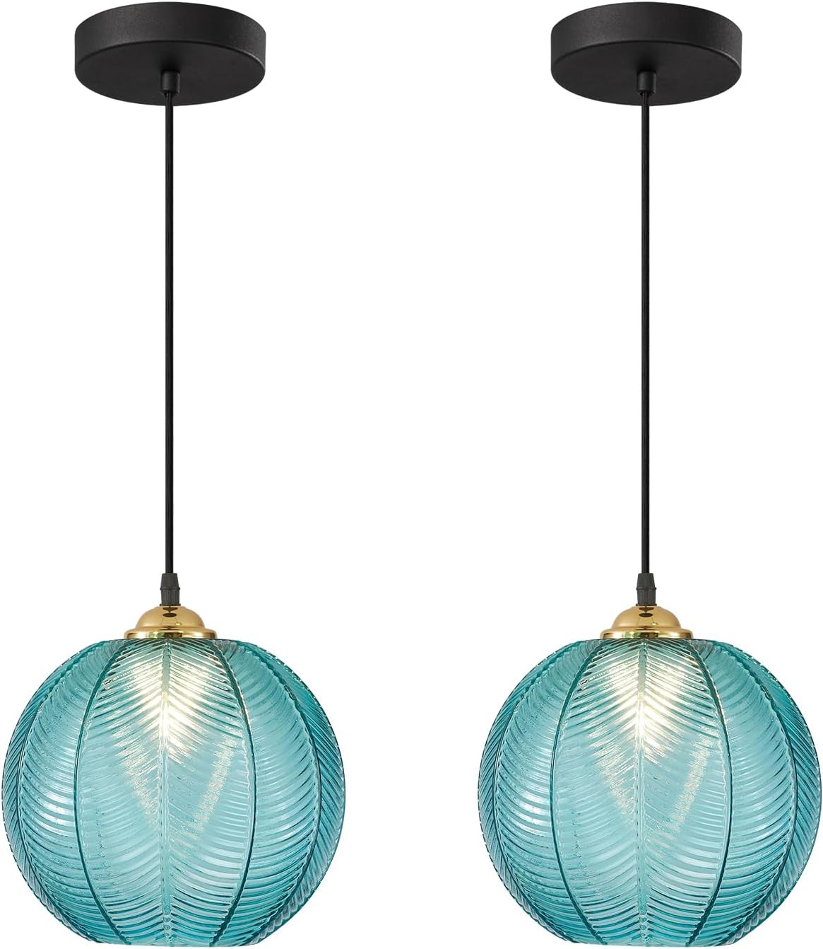 KCO Lighting Nordic Blue Glass Pendant Light Vintage Ribbed Glass Pendant Light Modern Large Globe Chandelier Mid Century Black Kitchen Island Pendant Lighting Over Island 2 Pack