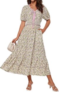 GRACE KARIN 2025 Women's Summer Floral Flowy A Line Midi Dresses Elegant Short Sleeve Smocked V-Neck Tiered Dresses