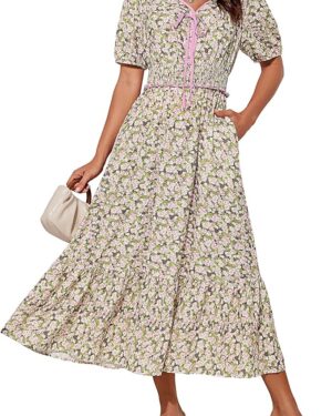 GRACE KARIN 2025 Women's Summer Floral Flowy A Line Midi Dresses Elegant Short Sleeve Smocked V-Neck Tiered Dresses