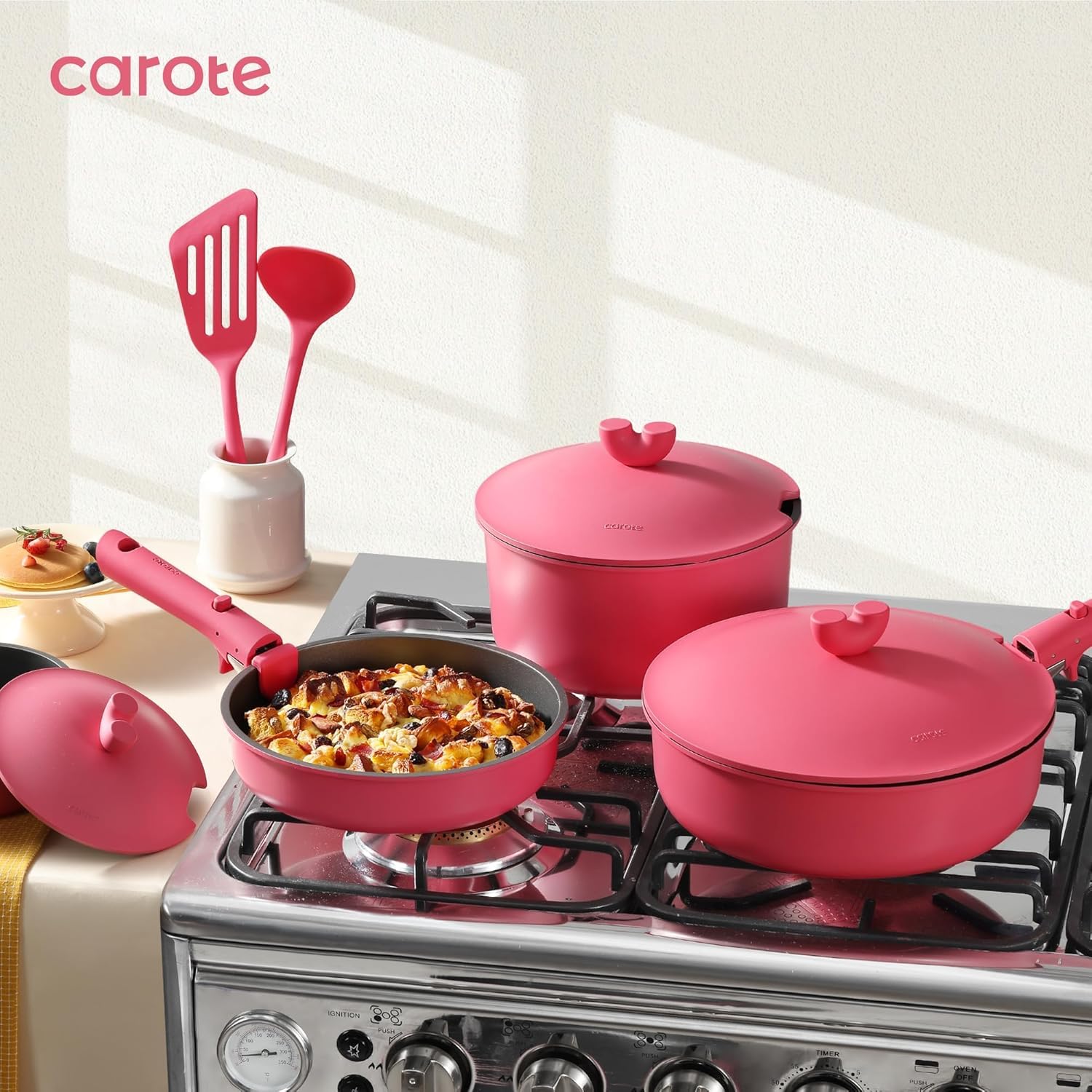 CAROTE 27pcs Pots and Pans Set Non Stick, Nonstick Cookware Set, Oven/Dishwasher/Fridge Safe Pots and Pans, RV Safe Cookware, Induction Kitchen Gift Set Detachable Handle, Pink - Image 3