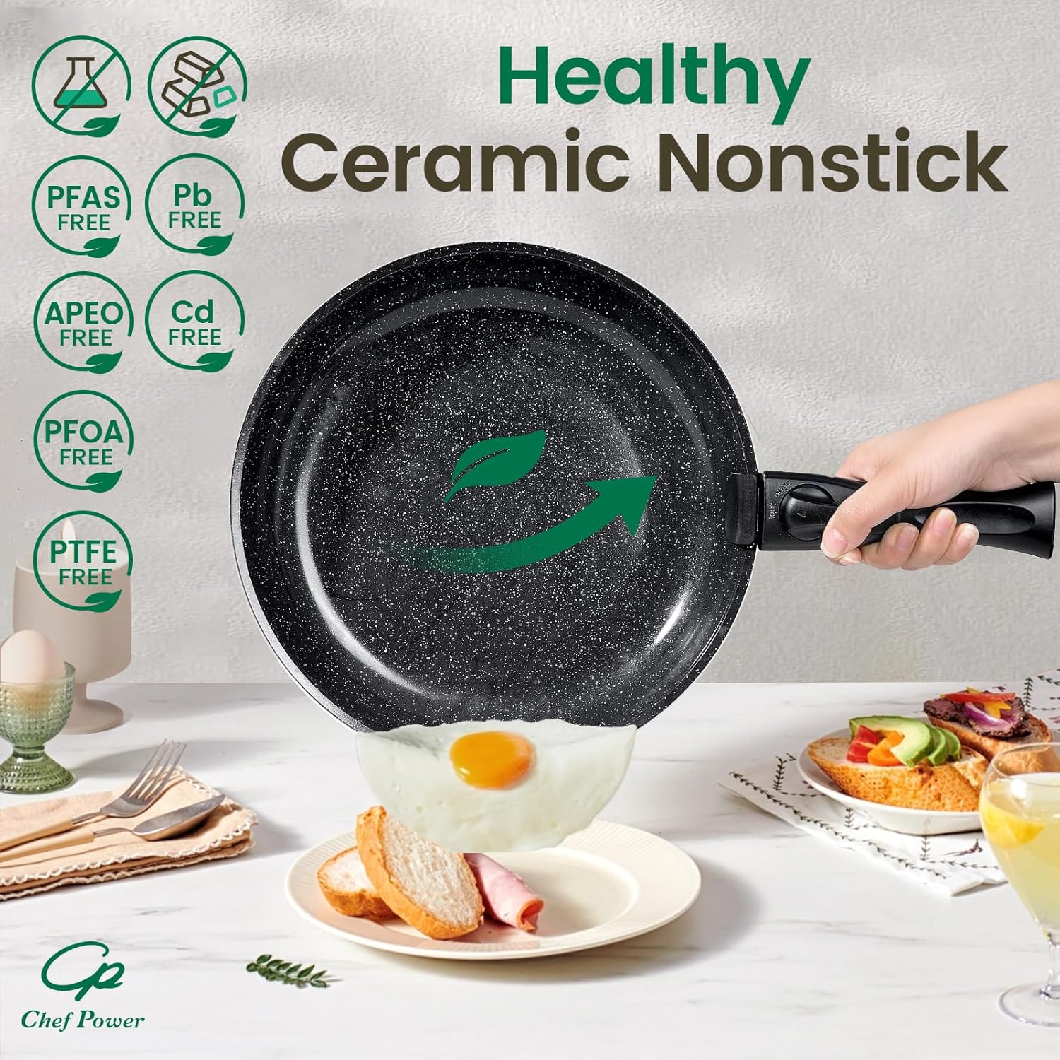 Chef Power Ceramic Nonstick Cookware Set 19 Piece with Detachable Handle, Induction Dishwasher Oven Safe Pans and Pots Set, RV Kitchen Set Removable Handle, Rock Stone Black - Image 5