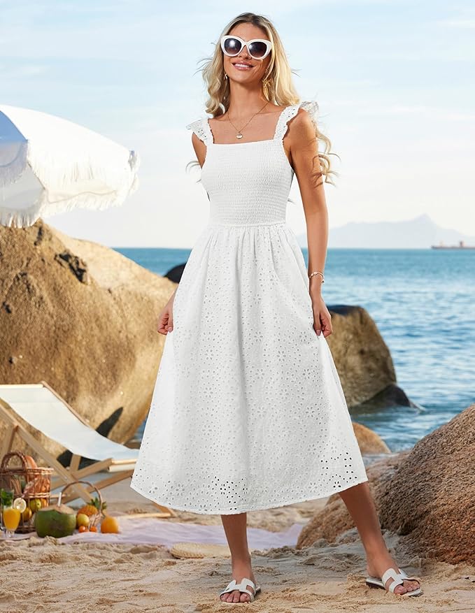 GRACE KARIN Women's 2025 Summer Ruffle Sleeve Midi Dress Square Neck Hollow Out Eyelet Smocked Beach Long Dress with Pockets - Image 6