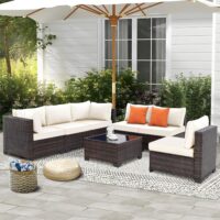 FHFO 7 Piece Outdoor Wicker Patio Furniture Set, Rattan Sectional Sofa Couch, Patio Conversation Set with Cushion & Coffee Table, for Backyard Poolside Porch Garden, Brown-Beige - Image 3