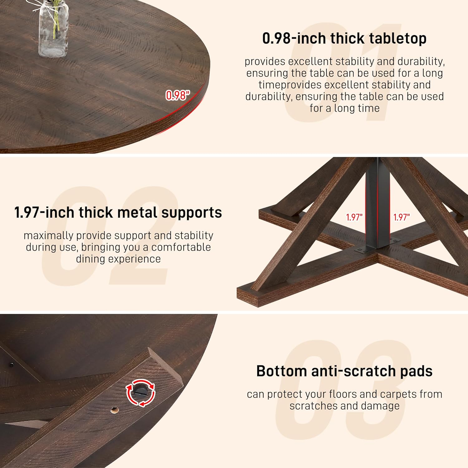 Round Wood Dining Table for Kitchen,Dining Room,Living Room,Farmhouse Dinner Tables W/Thickened Brown Wooden Waterproof Tabletop for 4 People,47 inch Rustic Kitchen Table W/Metal Support - Image 4