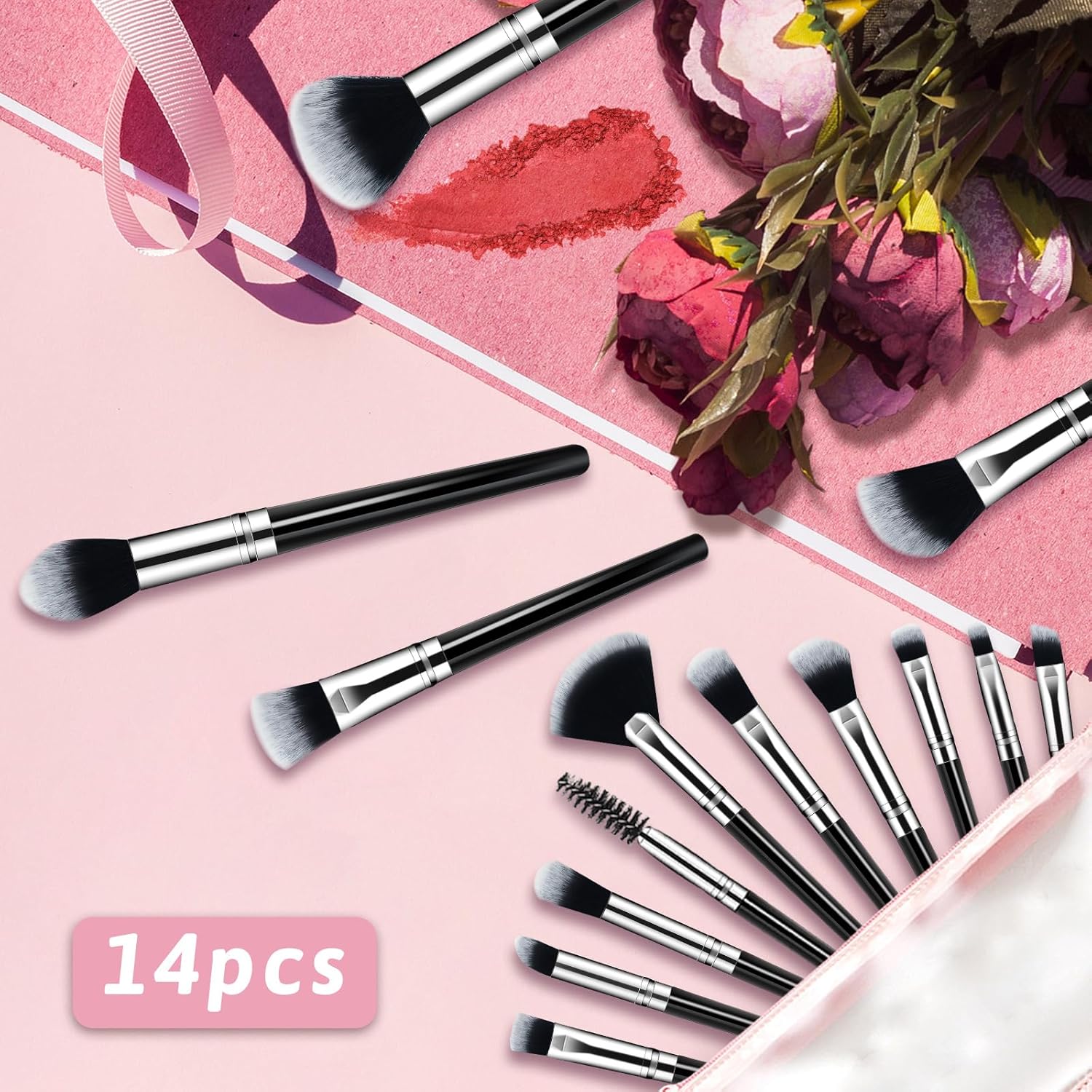 BS-MALL Makeup Brushes Set 14 Pcs with 1 Pcs Makeup Sponge – Essential Foundation Powder Concealers, Eye Shadows, Blush Makeup Brushes with Travel Makeup Case (Champagne) - Image 2