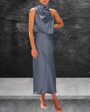 PRETTYGARDEN Women's 2025 Summer Satin Dress Elegant Sleeveless Mock Neck Cocktail Party Maxi Dresses