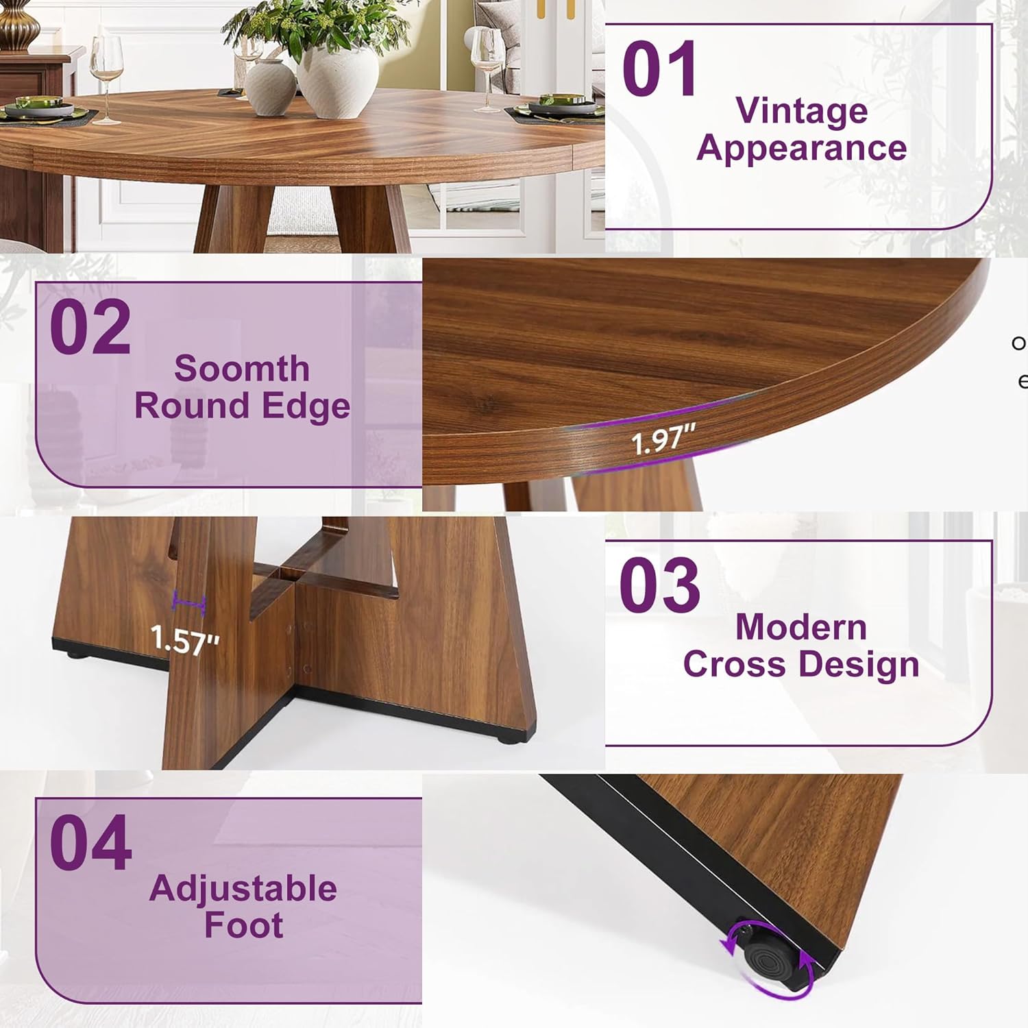 Round Dining Table for 4, 47" Wooden Kitchen Dinner Table Rustic, Farmhouse Table for Dining Room, Living Room, Brown - Image 5