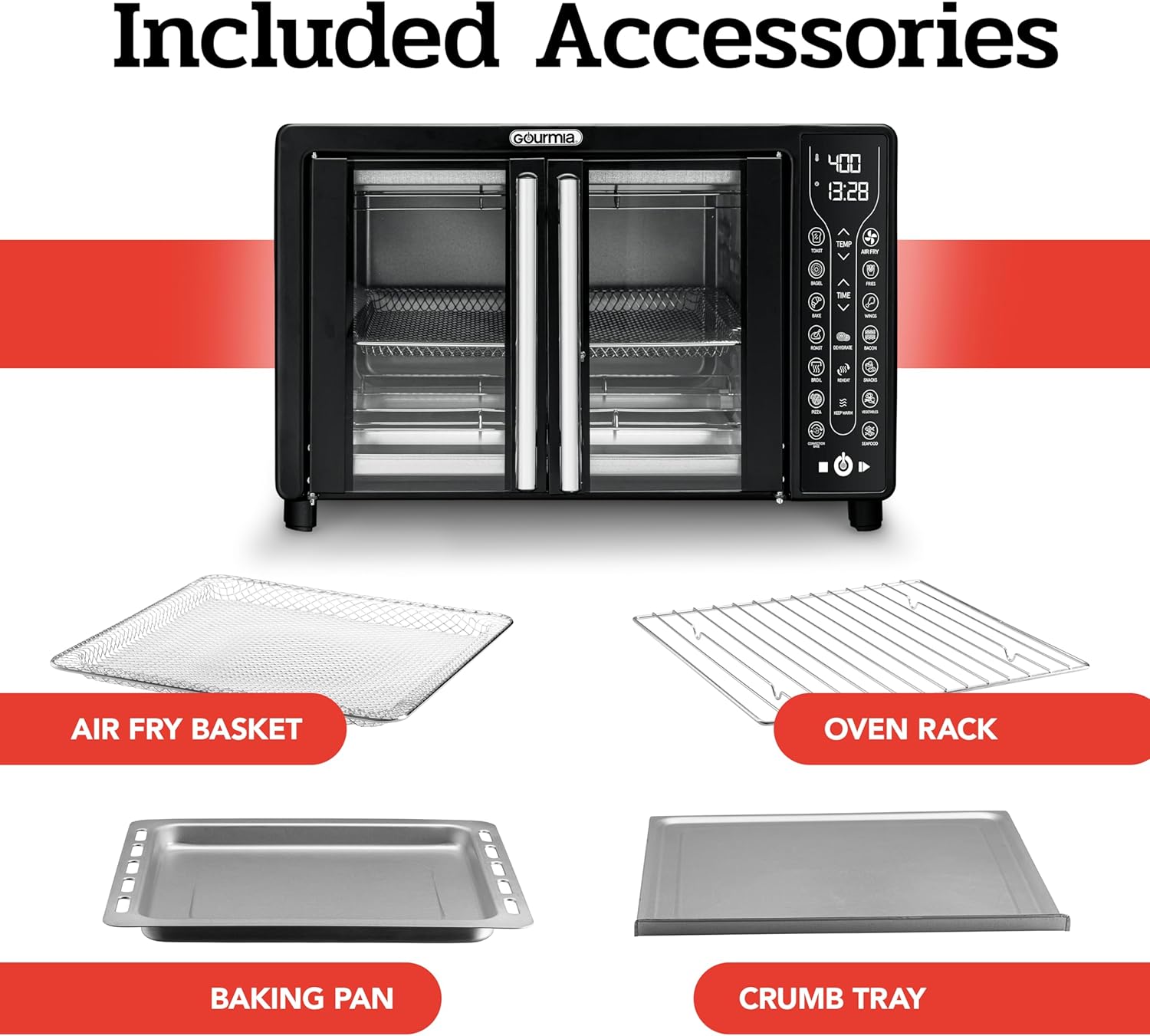 Gourmia Toaster Oven Air Fryer Combo 17 cooking presets 1700W french door digital air fryer oven 24L capacity accessories, convection rack, baking pan tray recipe book GTF7460,Large,Black - Image 2