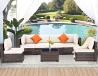 FHFO 7 Piece Outdoor Wicker Patio Furniture Set, Rattan Sectional Sofa Couch, Patio Conversation Set with Cushion & Coffee Table, for Backyard Poolside Porch Garden, Brown-Beige