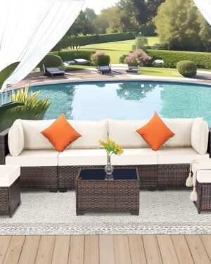 FHFO 7 Piece Outdoor Wicker Patio Furniture Set, Rattan Sectional Sofa Couch, Patio Conversation Set with Cushion & Coffee Table, for Backyard Poolside Porch Garden, Brown-Beige