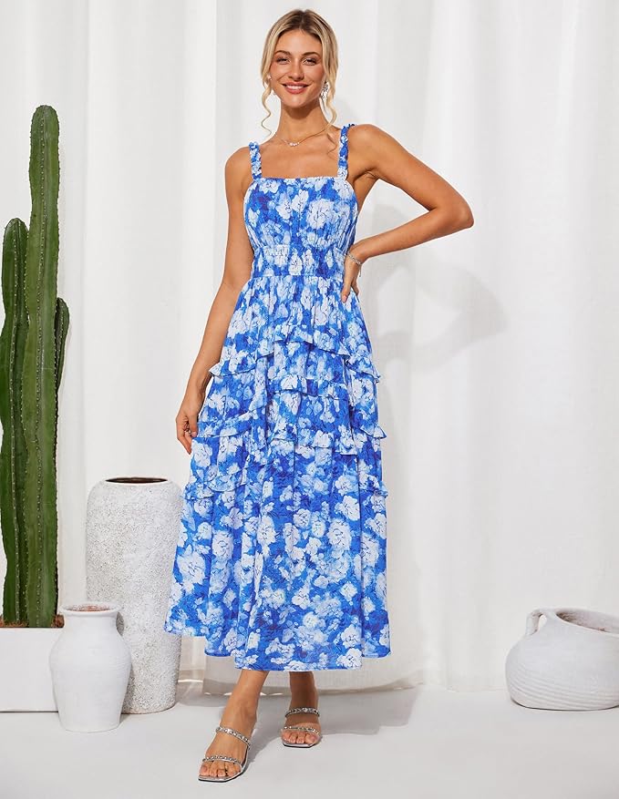 GRACE KARIN Women's Floral Summer Wedding Guest Dresses 2025 Trendy Long Flowy Smocked Tiered Maxi Dress - Image 2