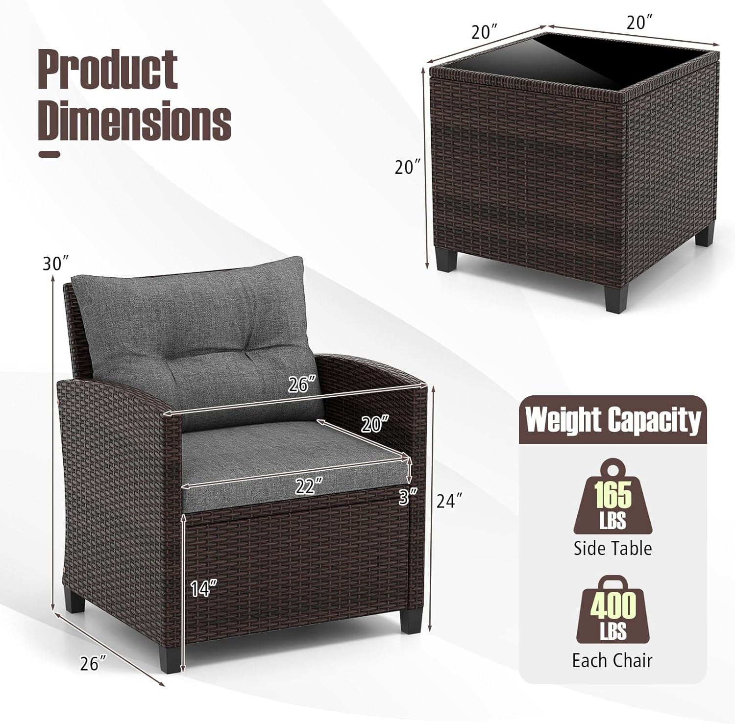 Tangkula 3 Pieces Patio Furniture Set, PE Rattan Wicker 3 Pcs Outdoor Sofa Set w/Washable Cushion and Tempered Glass Tabletop, Conversation Furniture for Garden Poolside Balcony (Grey) - Image 2