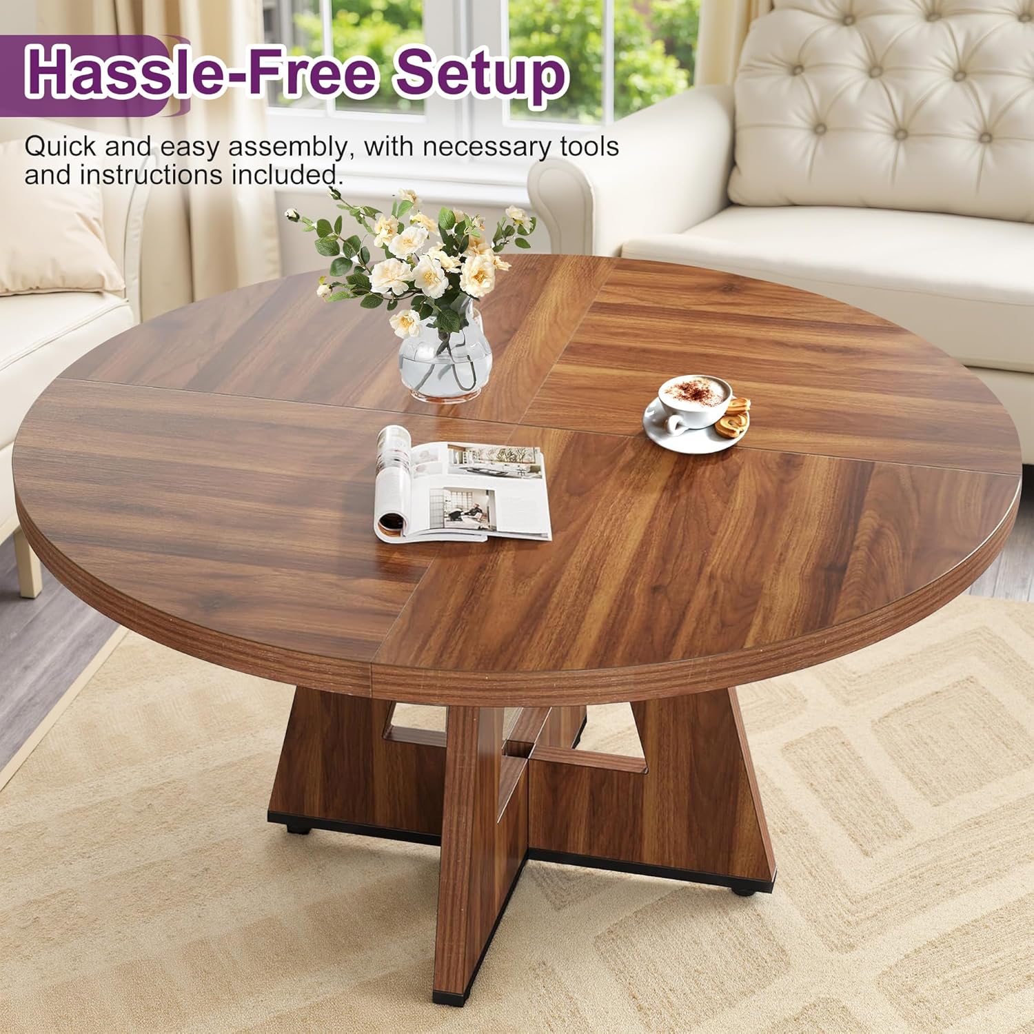 Round Dining Table for 4, 47" Wooden Kitchen Dinner Table Rustic, Farmhouse Table for Dining Room, Living Room, Brown - Image 3