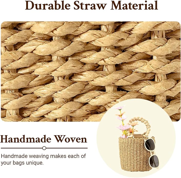 Herald Handmade Straw Top Handle Satchel Handbag for Women, Chic Woven Drawstring Bucket Crossbody Shoulder Purse (Brown) - Image 2