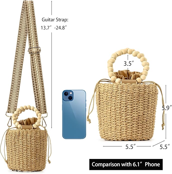 Herald Handmade Straw Top Handle Satchel Handbag for Women, Chic Woven Drawstring Bucket Crossbody Shoulder Purse (Brown) - Image 3