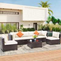 FHFO 7 Piece Outdoor Wicker Patio Furniture Set, Rattan Sectional Sofa Couch, Patio Conversation Set with Cushion & Coffee Table, for Backyard Poolside Porch Garden, Brown-Beige - Image 2