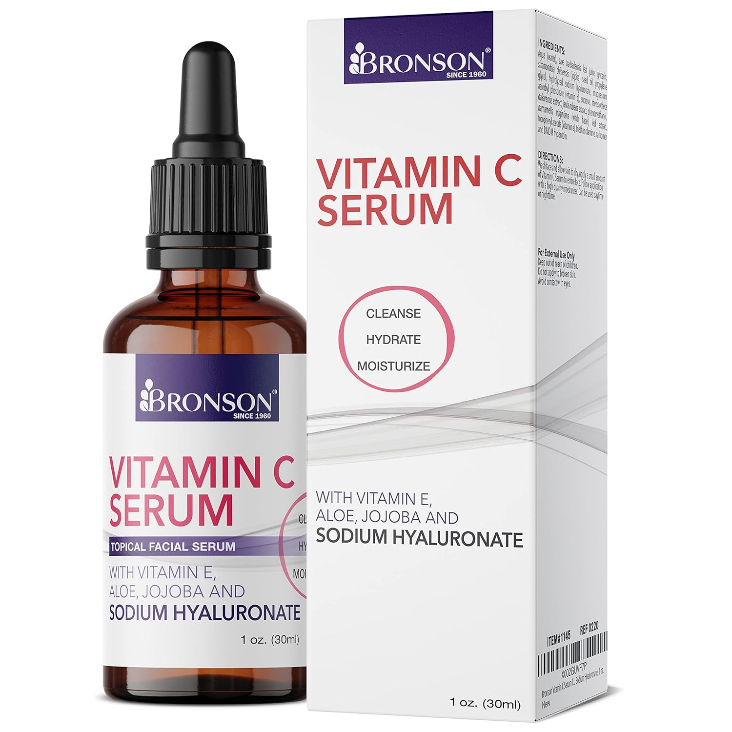 Bronson Vitamin C Serum for Face, Anti Aging Facial Serum with Premium Hyaluronic Acid, Vitamin E, Aloe & Jojoba, Hydrating & Brightening Serum for Dark Spots, Fine Lines and Wrinkles 1 oz.